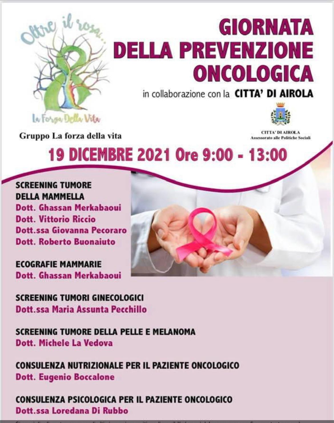 Locandina della giornata di prevenzione oncologica, Airola, 19 dicembre 2021.