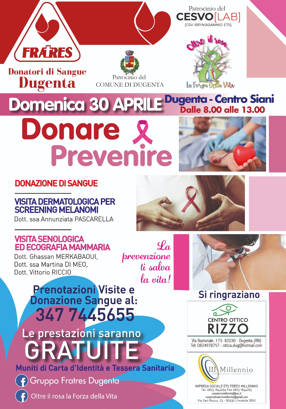 Locandina della giornata di donazione sangue e prevenzione oncologica a Dugenta, del 30 aprile 2023, promossa da Fratres, Dugenta, 30 aprile 2023
