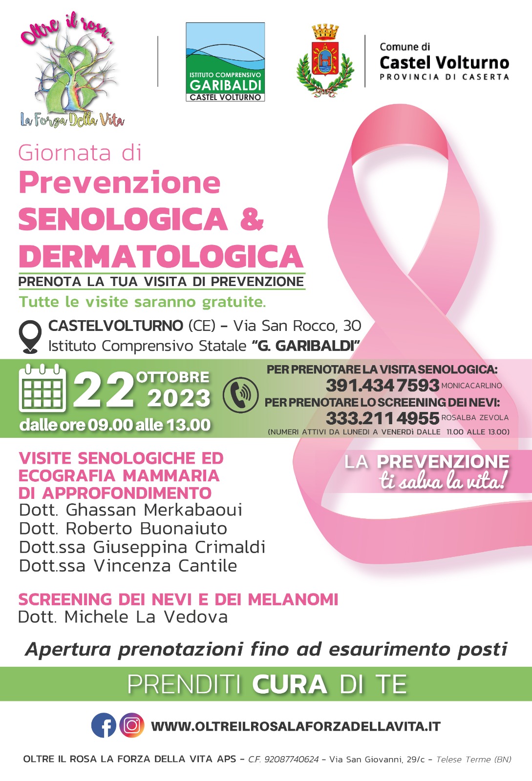 Locandina della giornata di prevenzione senologica e dermatologica a Castel Volturno, del 22 ottobre 2023, presso i locali dell'Istituto Comprensivo Statale G. Garibaldi in via San Rocco 30