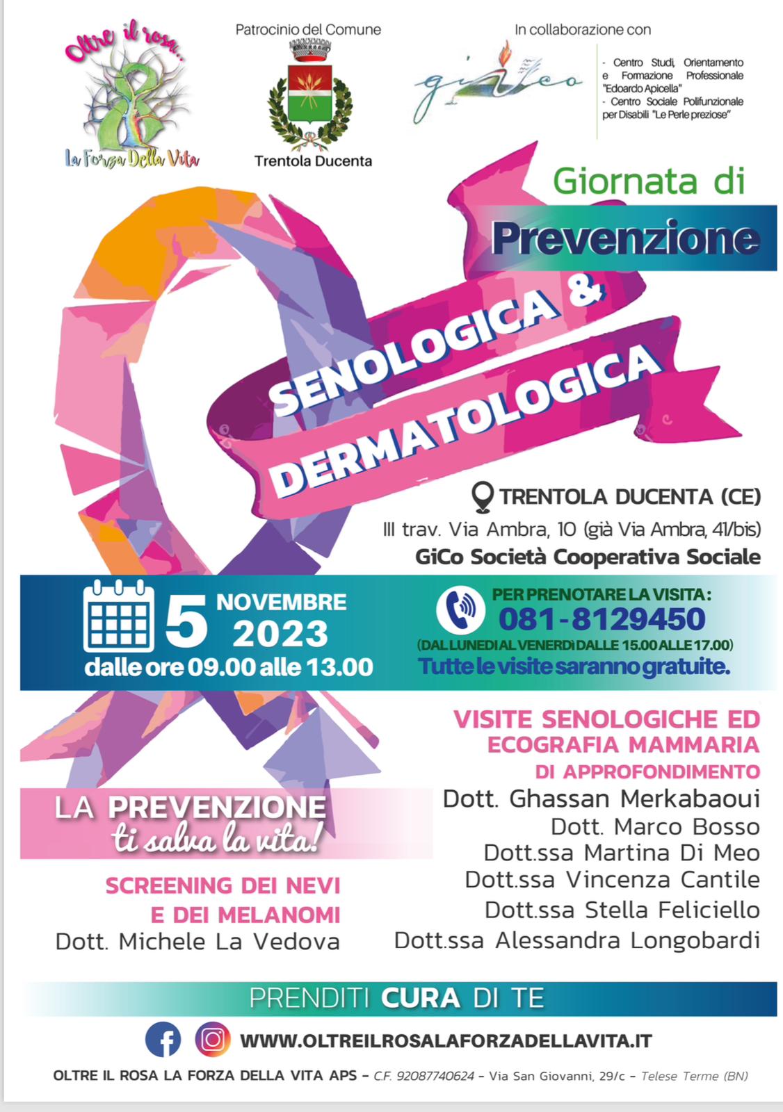 Locandina dell'evento Giornata di prevenzione senologica e dermatologica, Trentola Ducenta, 05 novembre 2023