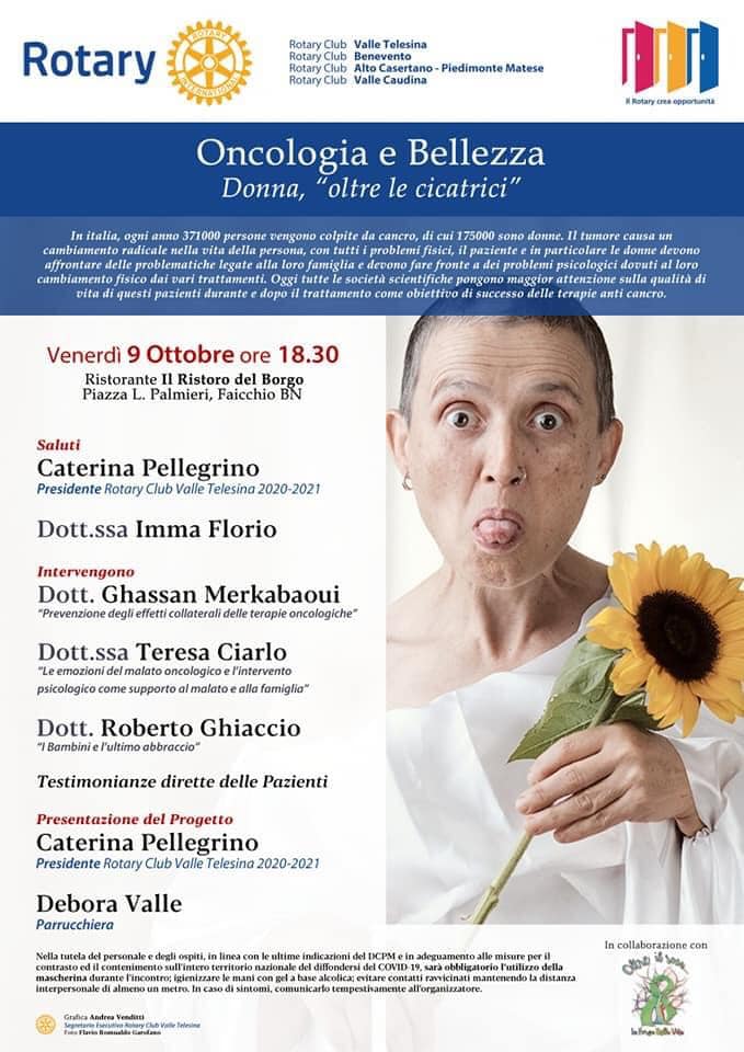 Locandina del convegno 'Oncologia e bellezza. Donna, oltre le cicatrici', Faicchio, 9 ottobre 2020.